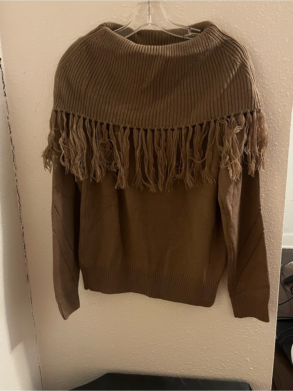 BNWT SHEIN Fringed Knit Poncho Sweater in Taupe